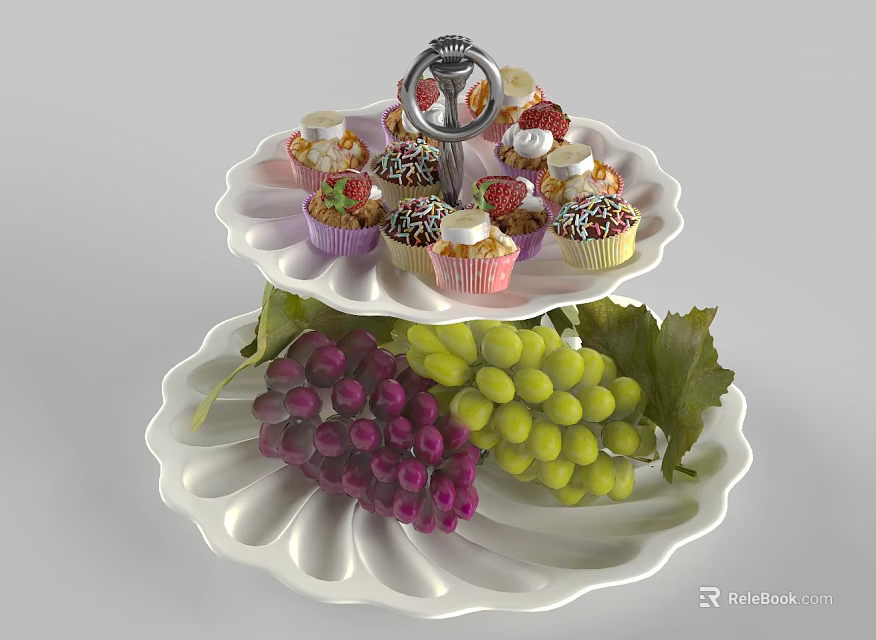 Decorative Two Tiered Ceramic Tray With Colorful Cupcakes And Fresh Grapes 3d model 