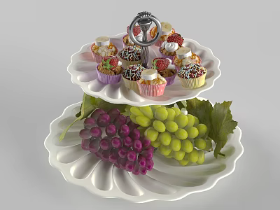Decorative Two Tiered Ceramic Tray With Colorful Cupcakes And Fresh Grapes 3d model