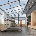 Bright Spacious Sales Office Glass Sunroom Gym Space With Modern Complete Fitness Training Facilities