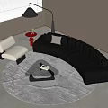 Modern Black Curved Leather Sofa With Glass Coffee Table Set And White Accent Chair