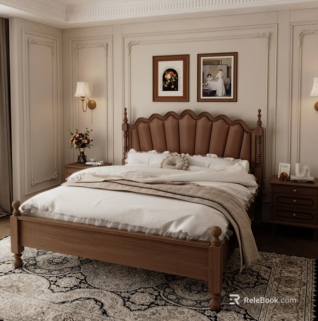 Elegant Double Bed with Leather Tufted Headboard Wooden Frame White Bedding Nightstands and Paintings 3d model 
