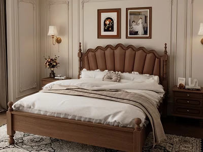 Elegant Double Bed with Leather Tufted Headboard Wooden Frame White Bedding Nightstands and Paintings 3d model