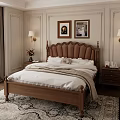 Elegant Double Bed with Leather Tufted Headboard Wooden Frame White Bedding Nightstands and Paintings