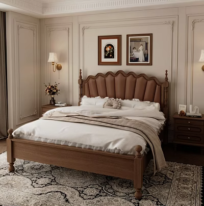 Elegant Double Bed with Leather Tufted Headboard Wooden Frame White Bedding Nightstands and Paintings 3d model