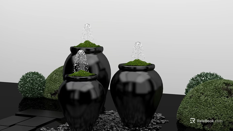 Bonsai Potted Plants in Black Vases with Water Spouts and Green Moss Surrounded by Shrubs 3d model 