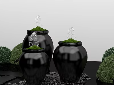 Bonsai Potted Plants in Black Vases with Water Spouts and Green Moss Surrounded by Shrubs 3d model