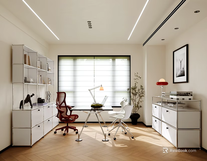 Modern Office Interior Design With Shelves Desk Chairs Blinds Plant Cabinets And Herringbone Floor 3d model 