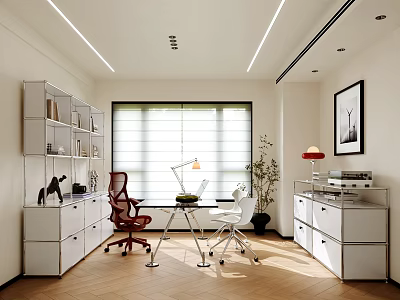 Modern Office Interior Design With Shelves Desk Chairs Blinds Plant Cabinets And Herringbone Floor 3d model