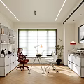 Modern Office Interior Design With Shelves Desk Chairs Blinds Plant Cabinets And Herringbone Floor