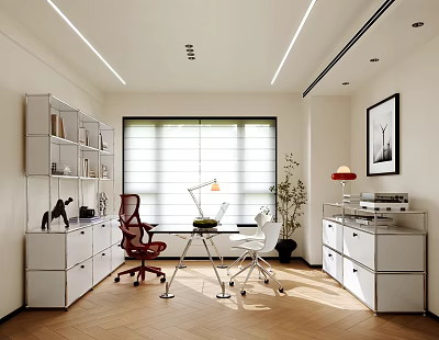 Modern Office Interior Design With Shelves Desk Chairs Blinds Plant Cabinets And Herringbone Floor 3d model