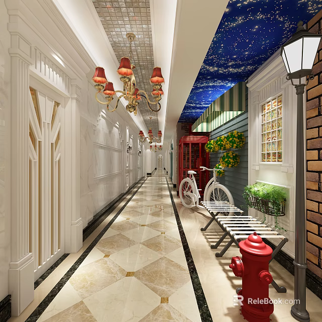 Elevator Corridor With Starry Ceiling Chandeliers Marble Floor White Doors And Bicycle 3d model 