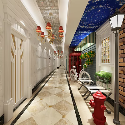 Elevator Corridor With Starry Ceiling Chandeliers Marble Floor White Doors And Bicycle 3d model