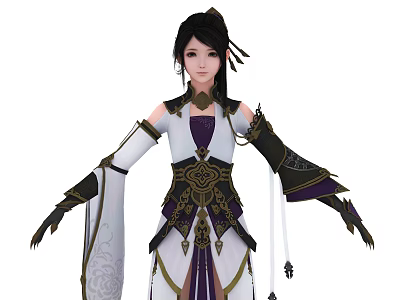 Woman in Traditional Chinese Costume with White Purple Outfit and Golden Decorative Details 3d model