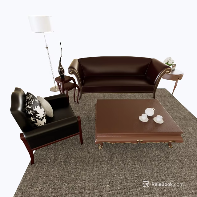 Leather Sofa and Wooden Coffee Table Set with Armchair Pillows Side Table and Floor Lamp 3d model 