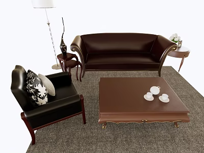 Leather Sofa and Wooden Coffee Table Set with Armchair Pillows Side Table and Floor Lamp 3d model