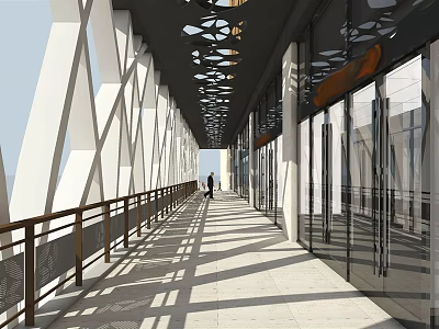 Modern Elevator Corridor With Geometric White Frames Perforated Ceiling And Glass Doors 3d model