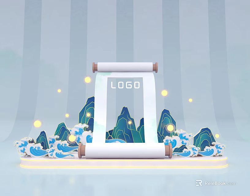 Art Installation with Scroll Featuring LOGO Mountain Wave Patterns and Glowing Dots 3d model 