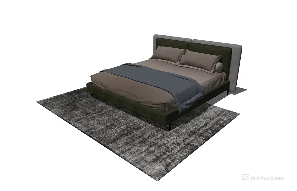 Modern Double Bed With Dark Green Headboard Brown Navy Bedding And Gray Rug 3d model 