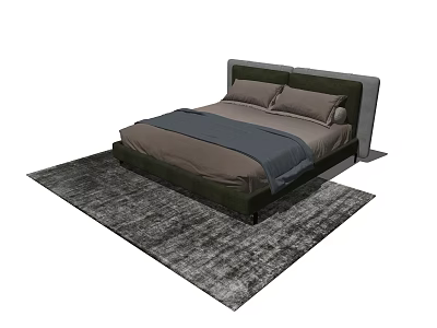 Modern Double Bed With Dark Green Headboard Brown Navy Bedding And Gray Rug 3d model