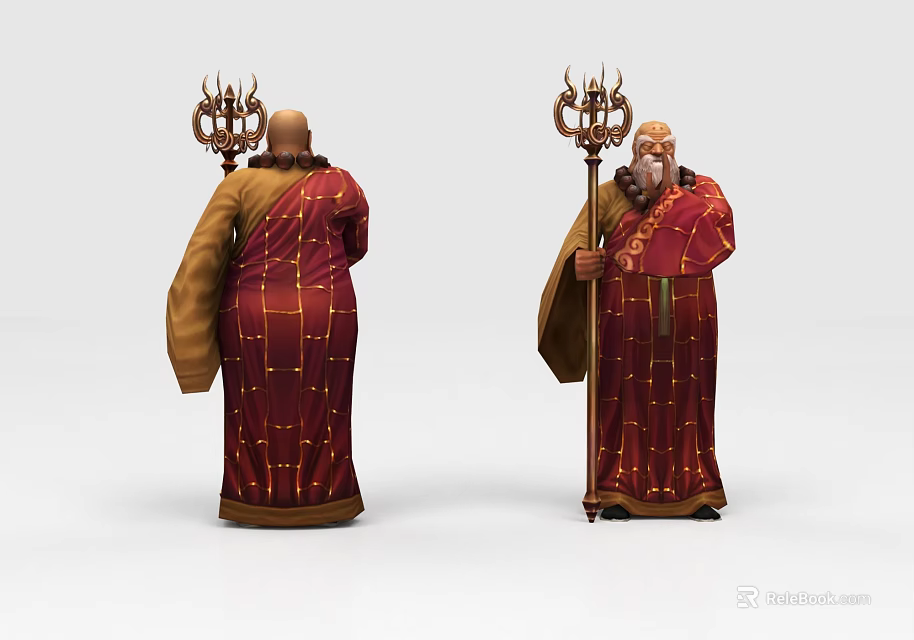 Two Characters In Red Robes With Gold Patterns Holding Staffs Front And Back Views 3d model 