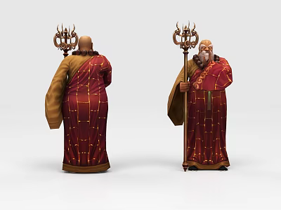 Two Characters In Red Robes With Gold Patterns Holding Staffs Front And Back Views 3d model