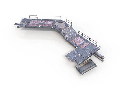 Industrial Metal Platform Equipment With Curved Structure Rusted Railings And Connected Sections 3d model