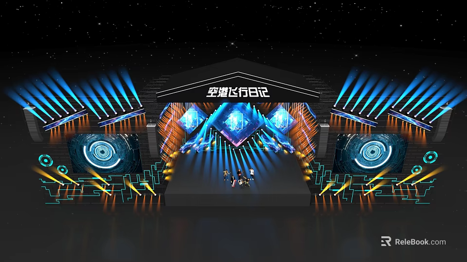 Modern Airspeed Flight Diary Stage With Geometric Design Starry Backdrop And Colorful Lighting 3d model