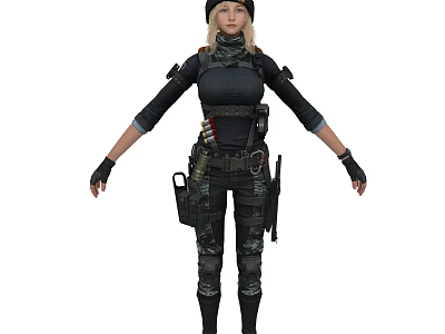 Woman Wearing Tactical Vest With Ammunition Pistol Camouflage Pants And Black Gloves 3d model