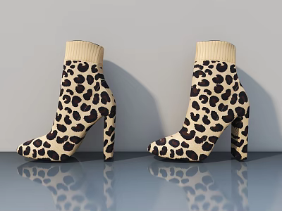 Elegant Leopard Print High Heels With Beige Knitted Cuffs And Chunky Block Heels 3d model