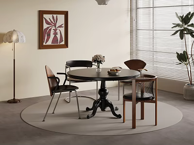 Cozy Interior With Round Dining Table Chairs Decorative Artwork Floor Lamp Plant And Window Blinds 3d model