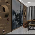 Modern Chinese Tea House Interior With Wooden Shelves Green Plants And Round Table Bamboo Chairs