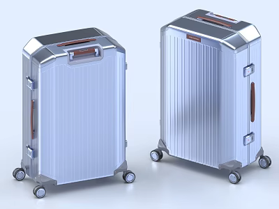 Modern Silver Aluminum Luggage Design With Striped Surface And Spinner Wheels Handles 3d model