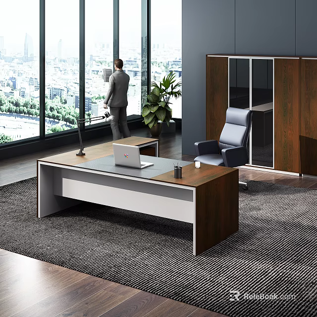 Modern Office Desk With Laptop Desk Lamp Mug And Ergonomic Chair By Large Windows 3d model 