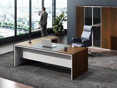 Modern Office Desk With Laptop Desk Lamp Mug And Ergonomic Chair By Large Windows 3d model