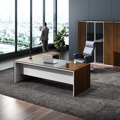 Modern Office Desk With Laptop Desk Lamp Mug And Ergonomic Chair By Large Windows 3d model