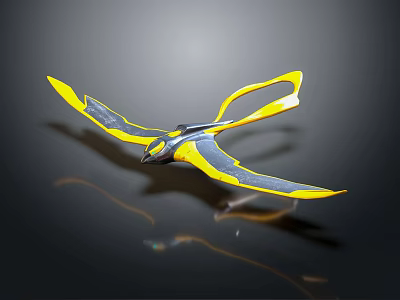 Yellow And Black Pterosaur Model With Spread Wings On Black Glossy Surface With Reflection 3d model