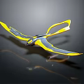 Yellow And Black Pterosaur Model With Spread Wings On Black Glossy Surface With Reflection 3d model