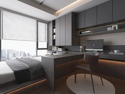 Modern Tatami Bedroom Interior With Large Window City View Desk Chair And Storage Cabinets 3d model