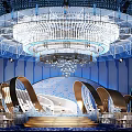 Modern Blue Banquet Hall With Large Crystal Chandelier Central Stage Dining Tables And Elegant Decorations