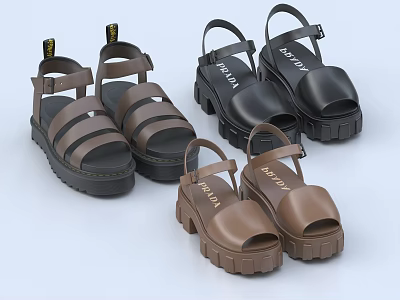 Stylish FASHION Platform Sandals with Thick Soles and Straps in Black and Brown 3d model