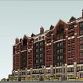 Red Brick Multi Story Building With Stone Base Windows And Decorative Roof 3d model
