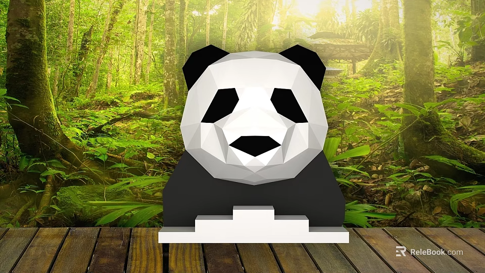 Polygonal Panda Figurine On Wooden Floor With Lush Green Forest Background Scene 3d model 