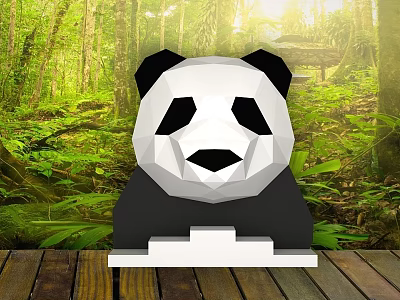 Polygonal Panda Figurine On Wooden Floor With Lush Green Forest Background Scene 3d model