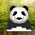 Polygonal Panda Figurine On Wooden Floor With Lush Green Forest Background Scene