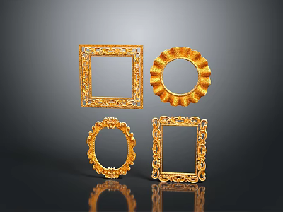 Golden Decorative Picture Frames With Intricate Patterns And Various Shapes 3d model