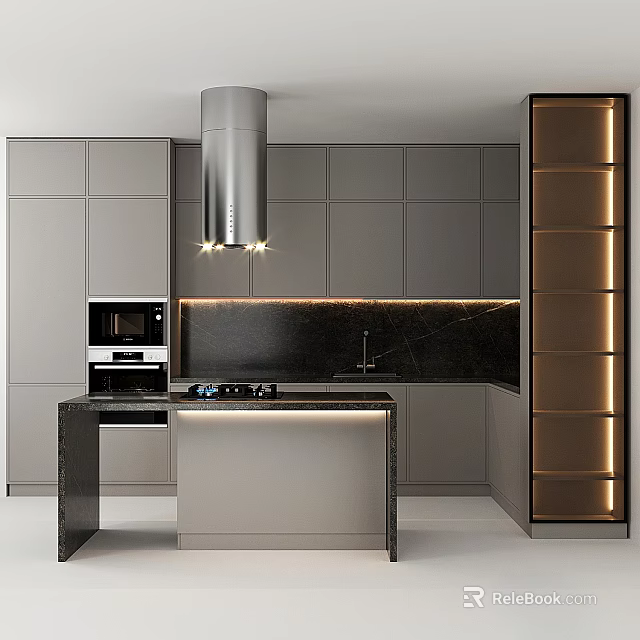 Modern Kitchen With Gray Cabinets Central Island Black Countertop And Range Hood 3d model 