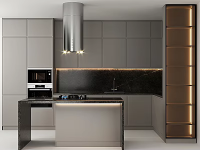 Modern Kitchen With Gray Cabinets Central Island Black Countertop And Range Hood 3d model