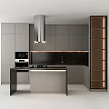Modern Kitchen With Gray Cabinets Central Island Black Countertop And Range Hood
