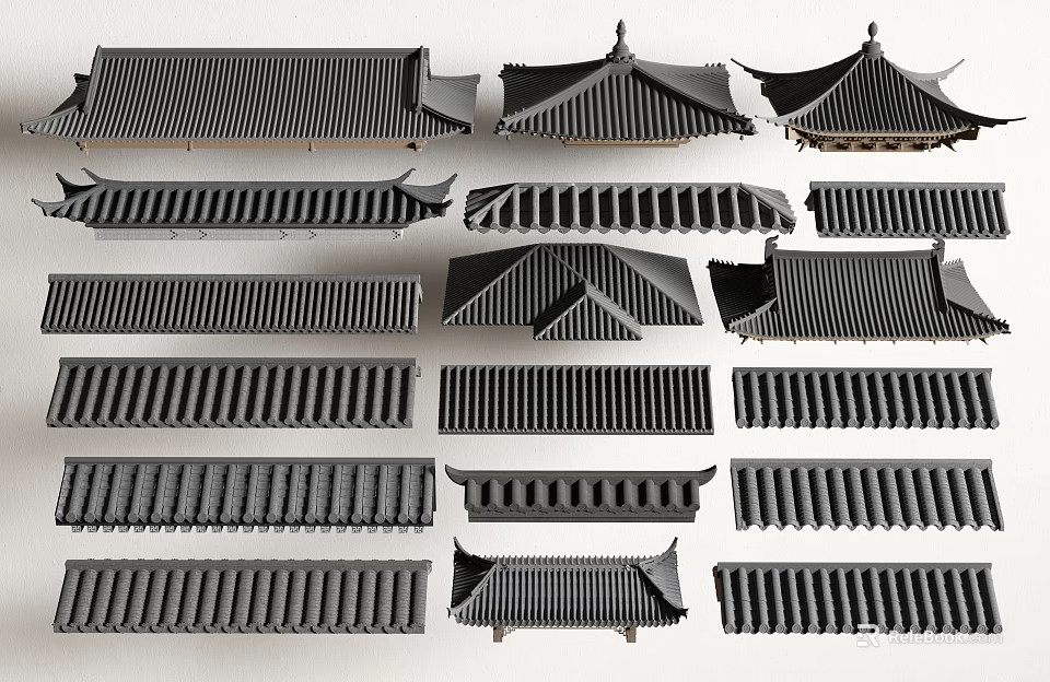 Traditional Chinese Architecture Roof Components With Various Tile Patterns And Eave Designs 3d model 