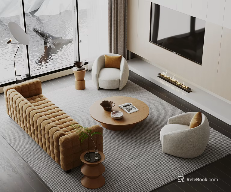 Modern Brown Sofa And Round Coffee Table Set With White Accent Chairs On Area Rug 3d model 